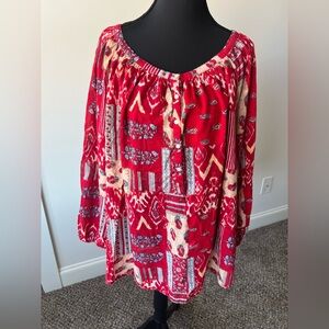 Chaps Red Patchwork Print Western Blouse in a peasant style blouson sleeves 3X
